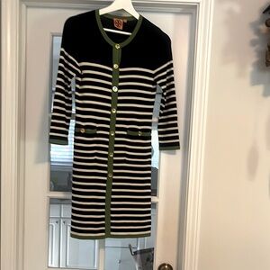 Tory Burch Cardigan - Striped Long Sleeve Cardigan with navy blue, white, green